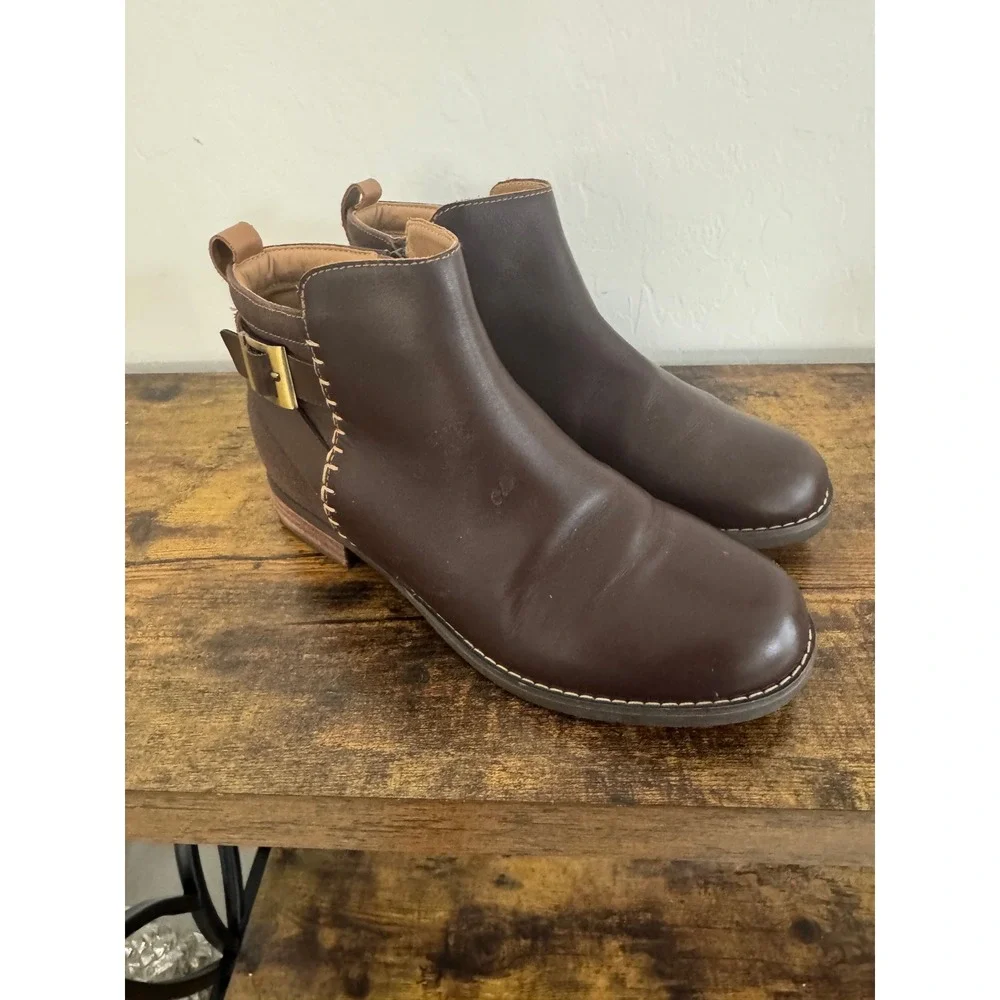 Spenco Womens Brown Leather Canvas Mixed Media Ankle Booties Side Zip Buckle 8